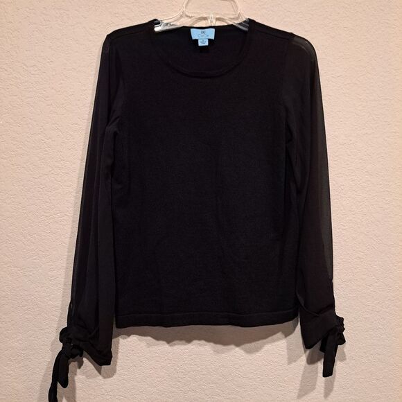 Cece blouse top shirt solid black sheer long sleeves tie wrist closure Women's S - Picture 1 of 7